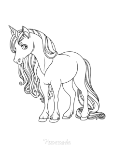 Shy Unicorn Flowing Mane Tail Unicorn Coloring Pdf, Free Vectors File